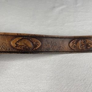 Engraved Leather Belt 44” Fishing Brown Fish Lakes Walleyes Northern ￼bass Pole